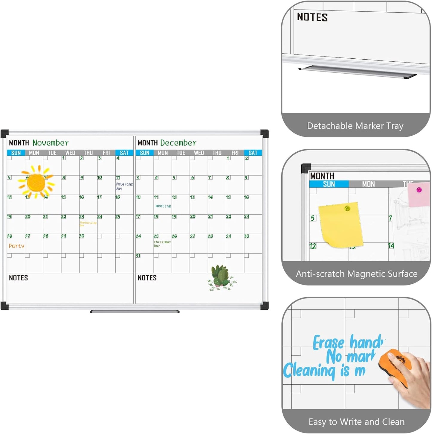 XBoard Magnetic Calendar Whiteboard 48" x 36" - 2 Month Dry Erase Board, White Board + Colorful Calendar Board, Silver Aluminium Framed Monthly Planning Board