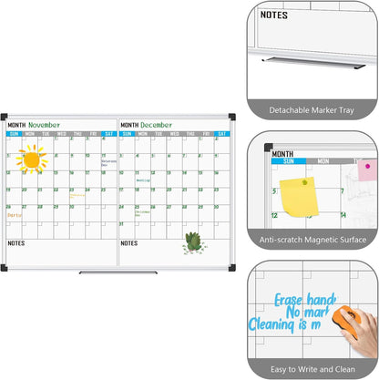 XBoard Magnetic Calendar Whiteboard 48" x 36" - 2 Month Dry Erase Board, White Board + Colorful Calendar Board, Silver Aluminium Framed Monthly Planning Board