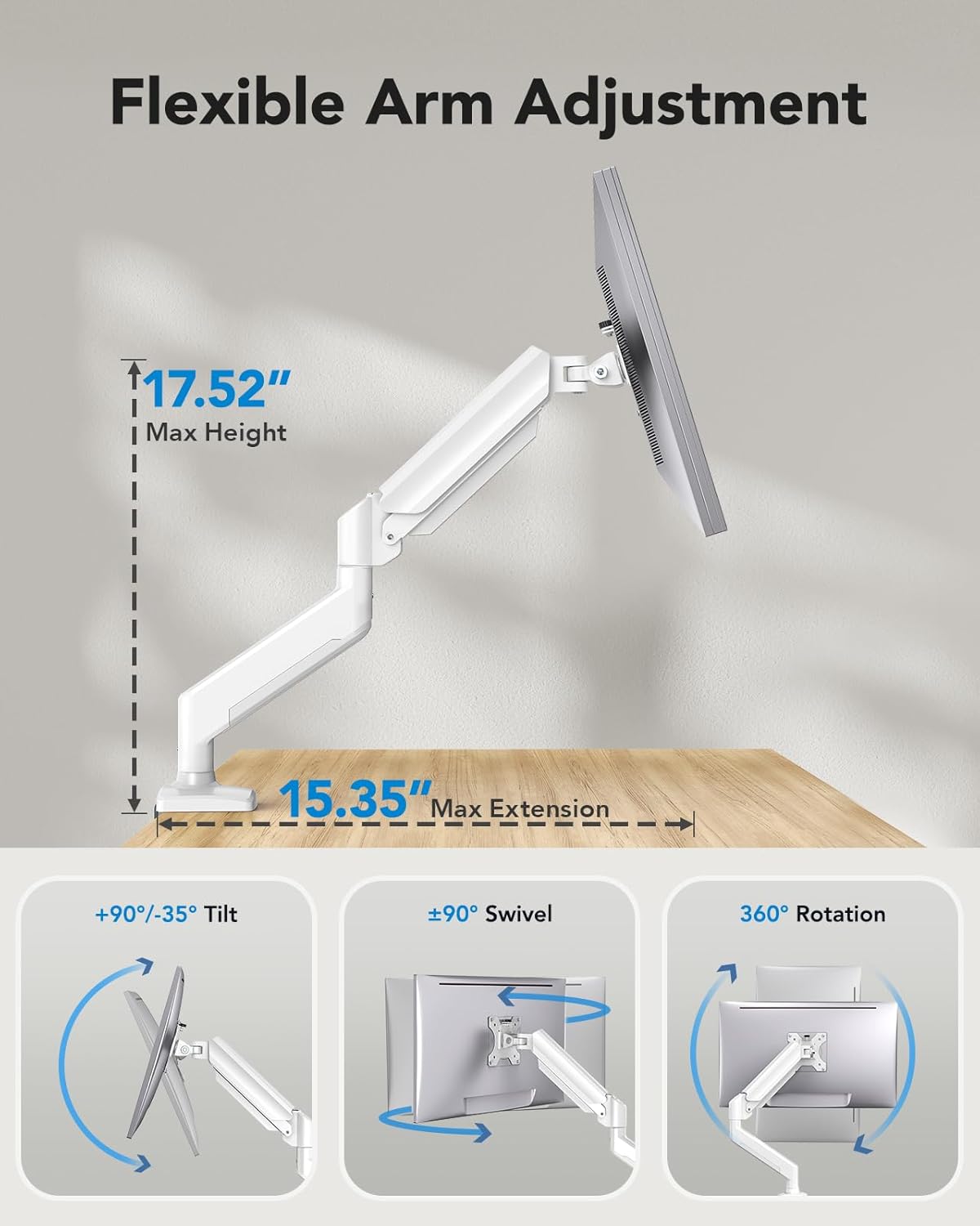 HUANUO Single Monitor Arm 13-34 Inch, Adjustable Gas Spring Arm, Monitor Desk Mount for 4.4-22lbs, VESA 75/100mm with C-Clamp/Grommet Base, Ergonomic Stand for Work/Gaming