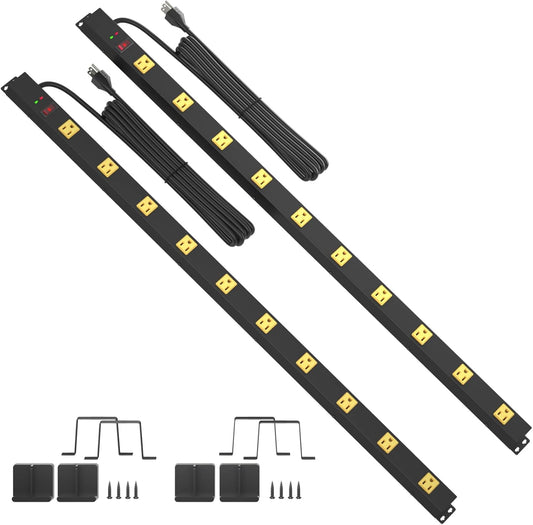10 Outlet Surge Protector, Long Metal Wide Spaced Garage Industrial Power Strip, Heavy Duty with 6 FT Cord, 15A, 125V, 1875W, 2700 Joules, 2Pack, SGS Listed