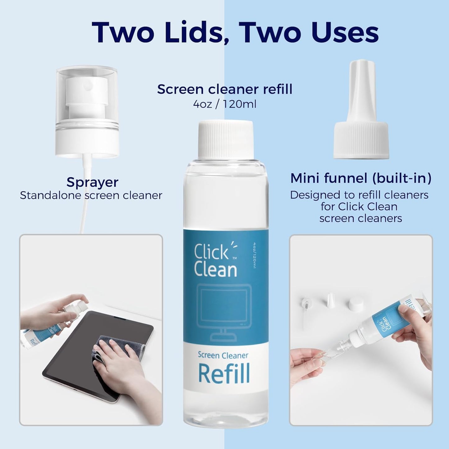 Click Clean Screen Cleaner Refill Kits - 4 oz Cleaner Refill and 1 Microfiber Cloth(7.8 x 7.8in), 1 Mini Refill Funnel + 1 Sprayer - Specially Designed for Click Clean Cleaning Products