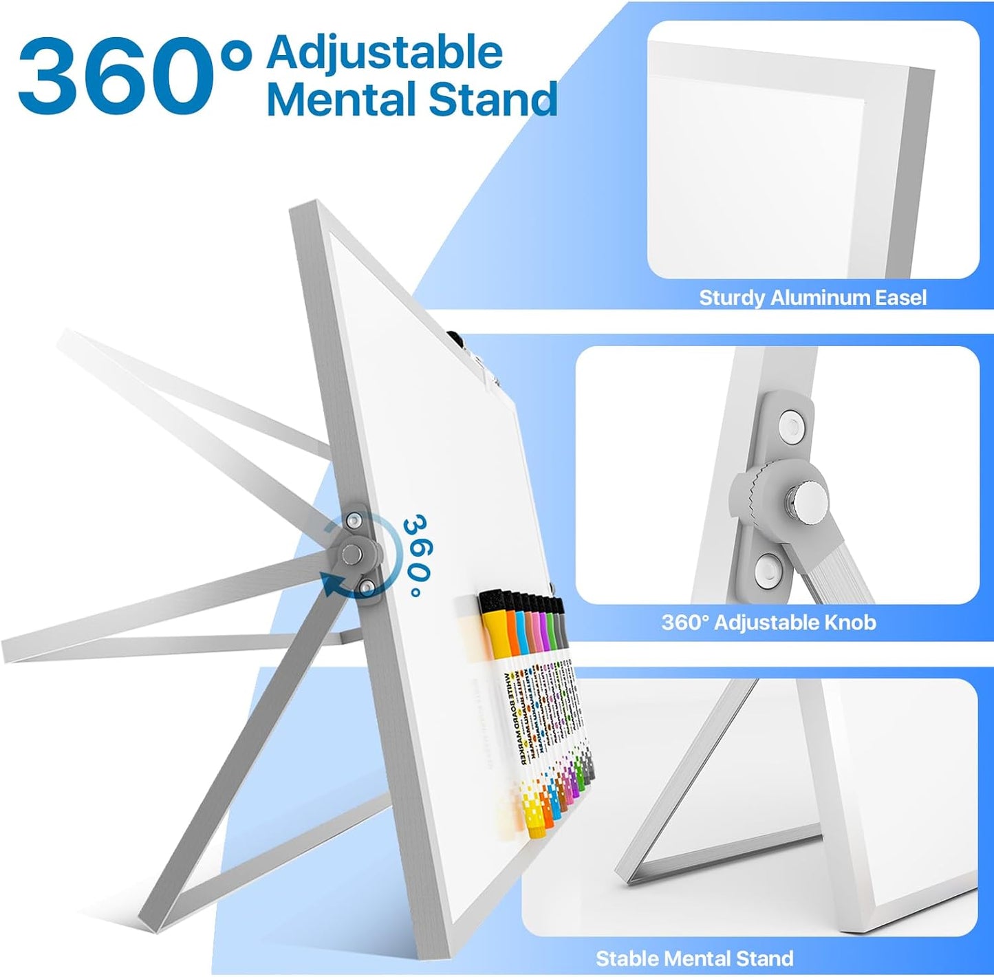 Dry Erase White Board with Stand,Double-Sided Whiteboard 12"x16", 10 Markers,6 Magnets, 1 Eraser,Portable Desktop Whiteboard for Planning,Colorful Weekly Schedule Board for School for Home