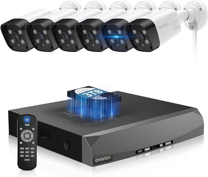 《130°Wide Angle & 2-Way Audio》Outdoor Security Camera System, White IP Wired Cameras, 4K Video Surveillance Systems, Surveillance DVR Kits