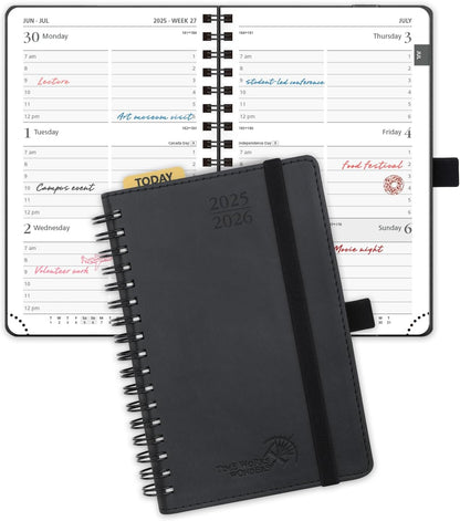 POPRUN Pocket Planner 2025-2026 (Purse Size 4'' x 6.25'') Academic Small Calendar (July 2025 - June 2026) with Hourly Time Slots, 100GSM Thick Papers, Spiral Leather Cover - Black