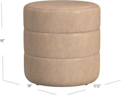 HomePop Upholstered Faux Leather Round Ottoman Home Décor|Foot Rest Ottoman- Sand Faux Leather