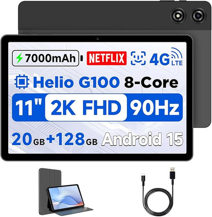 11 inch Android 15 Tablet, Helio G100 Octa-Core 20GB+128GB (1TB TF) Bpad 11 FHD 1920×1200 IPS 90Hz Widevine L1, 7000mAh PD 18W 5MP+8MP Camera, 4G LTE+2.4G/5G WiFi+BT5.0+GPS with Protective Case