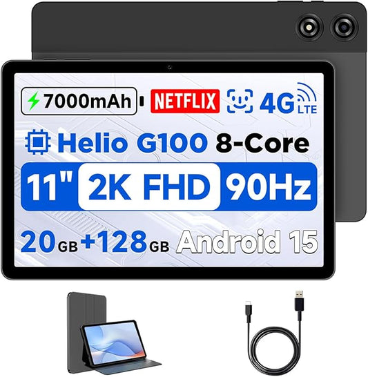 11 inch Android 15 Tablet, Helio G100 Octa-Core 20GB+128GB (1TB TF) Bpad 11 FHD 1920×1200 IPS 90Hz Widevine L1, 7000mAh PD 18W 5MP+8MP Camera, 4G LTE+2.4G/5G WiFi+BT5.0+GPS with Protective Case