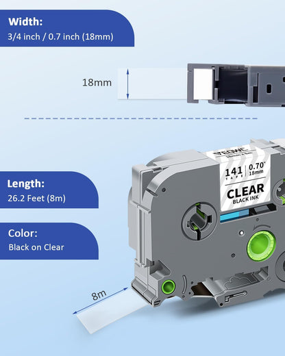 TZe-141 18mm 0.7 Laminated Clear Tape Compatible for Brother TZe141 Tz-141 P Touch 3/4" TZe TZ Tape for Brother Ptouch PT-D610BT PT-D400 PT-D600 PT-D410 PT-D460BT Label Maker, Black on Clear, 4-Pack