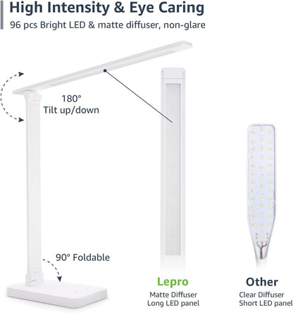 Lepro LED Desk Lamp with USB Charging Port Dimmable Home Office Touch Control Reading Table Lamp,3 Color Modes with 5 Brightness Level, School Dorm Room Essentials, Task Lamp, Sewing, Crafting, White