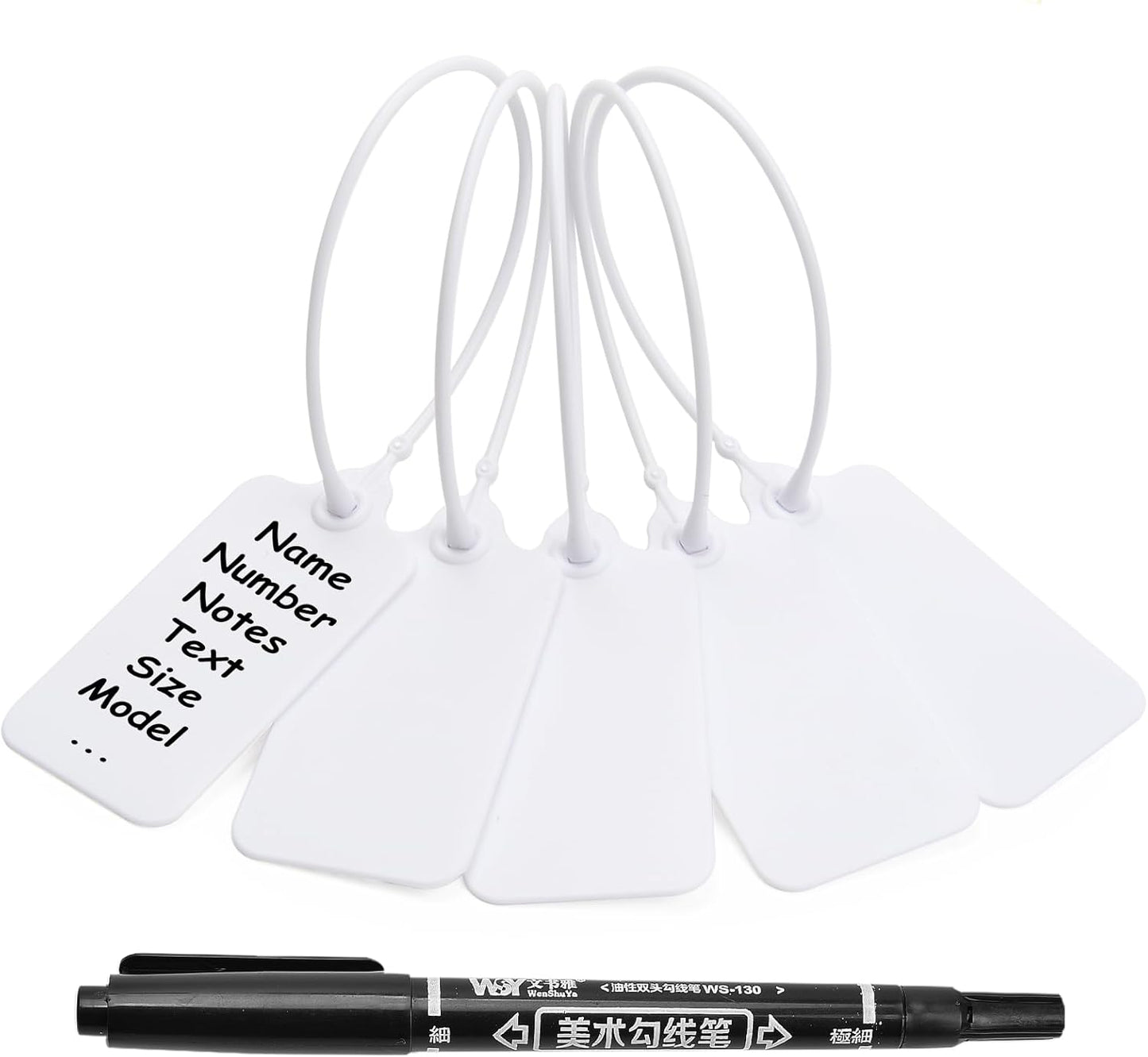 50 White Blank Plastic Tags for Labeling Waterproof Hanging Labels Writable Tags Seal Plastic Marking Label for Clothes Bags Keys Inventory with One Marker Pen