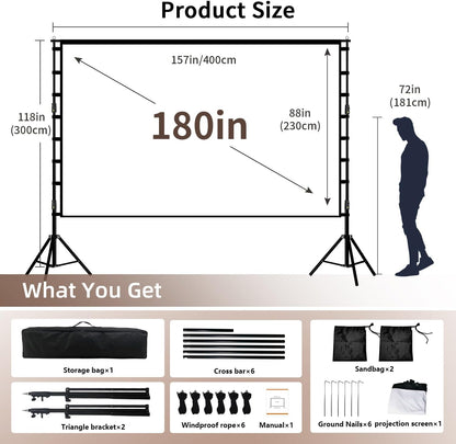 Projector Screen with Stand, Wootfairy 180 inch Portable and Foldable Projection Screen 4K HD 16:9 Rear Front Wrinkle-Free Movie Screen with Carry Bag for Indoor Outdoor Home Theater Backyard Cinema