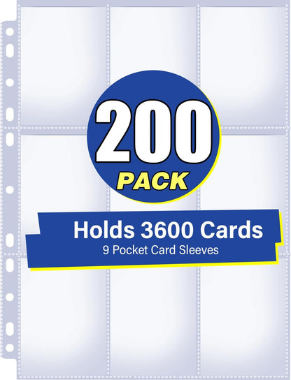 200 Pack 9 Pocket Double Side Card Sleeves Binder Sheets, Holds 3600 Cards, Trading Card Binder Sleeves for 3 Ring Binder, Card Sleeve Pages for Baseball, Football, Business, TCG, Kpop Cards