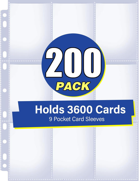 200 Pack 9 Pocket Double Side Card Sleeves Binder Sheets, Holds 3600 Cards, Trading Card Binder Sleeves for 3 Ring Binder, Card Sleeve Pages for Baseball, Football, Business, TCG, Kpop Cards