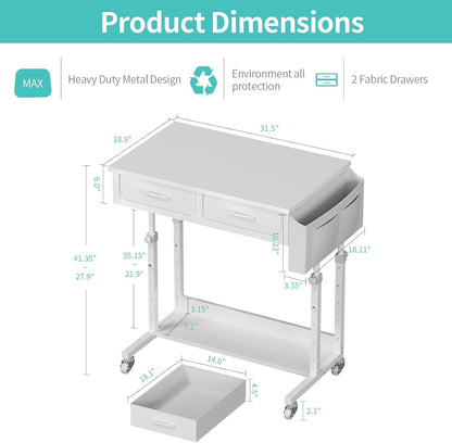 Small White Portable Rolling Desk - 32 Inch Adjustable Mobile Standing Teacher Desks with 2 Fabric Drawers on Wheels, Couch Sofa Side Laptop Table with Storage for Bedroom Home Office, White