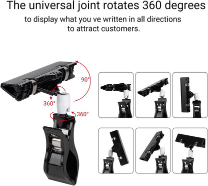 10 Pack Double Head Display Clips Rotating Reuse Sign Price Tag Merchandise Sign Display Clip Holder, Mini Plastic Chalkboard Sign with Clip for Business, Party, Office, Exhibition (Black)