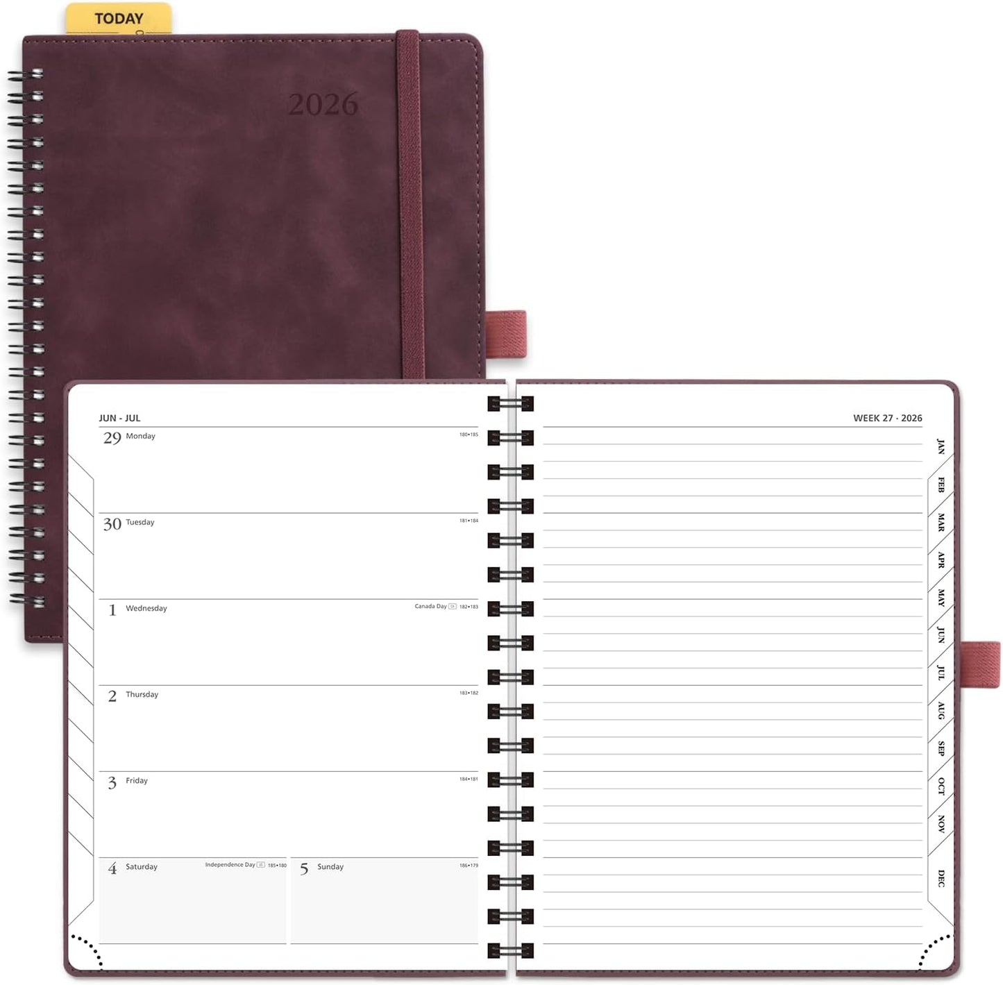 POPRUN 2026 Planner Weekly Notebook (Jan-Dec), Medium 8.5''x 6.5'' - Agenda 2026 Calendar Book with Monthly Tabs, Inner Pocket, Spiral Soft Cover, 100 GSM - Claret