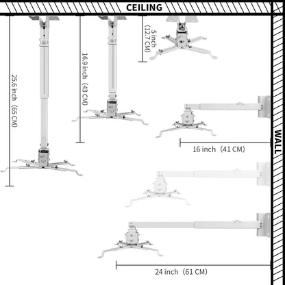Projector Mount Wall or Ceiling Projection Mount Bracket with Adjustable Height and Extendable Arms Mounts for Home and Office Projector