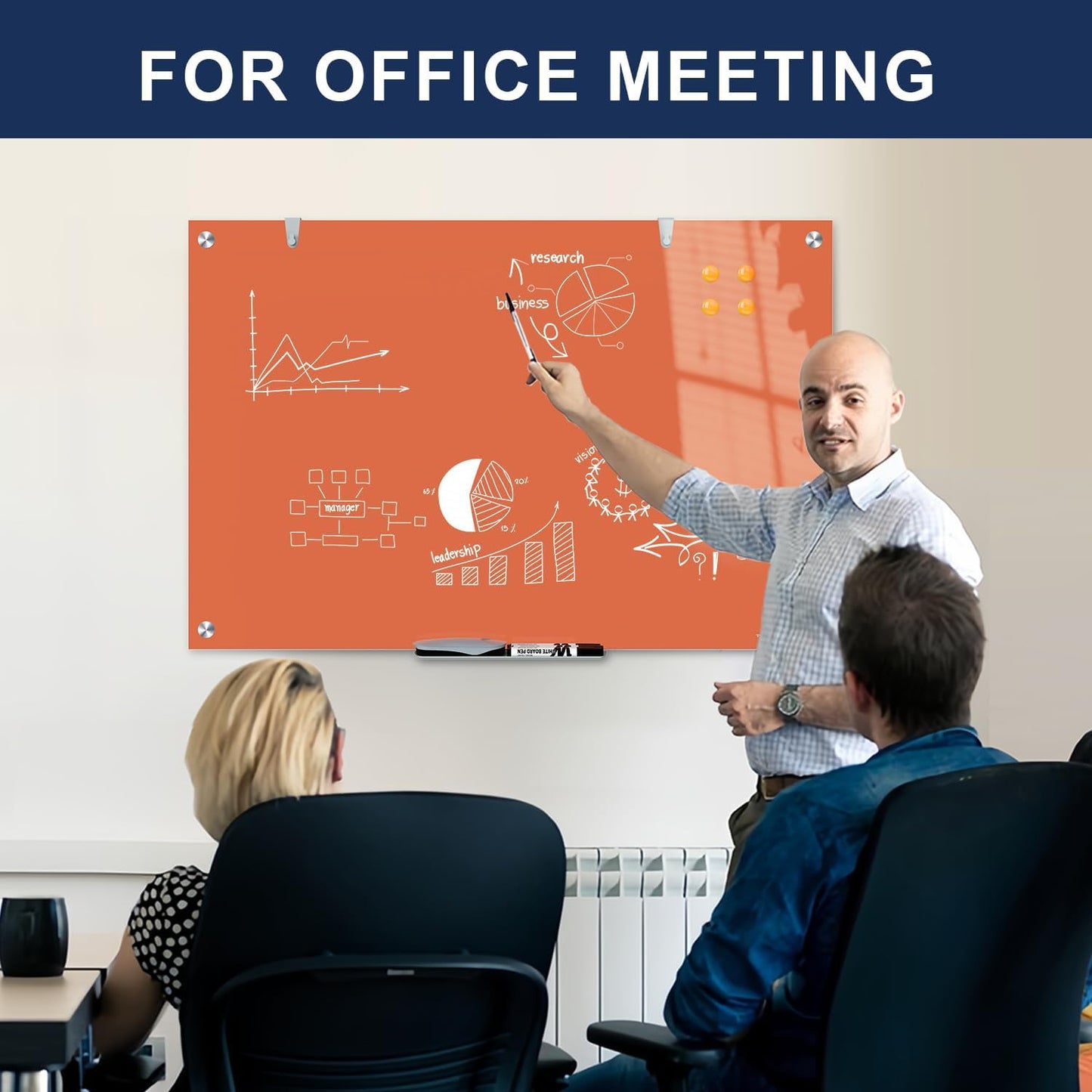 TSJ OFFICE Glass Dry-Erase Board - 36 x 24 Inches Wall Mounted Magnetic Whiteboard, Large Frameless Glass White Board for Office, Home & School, Orange