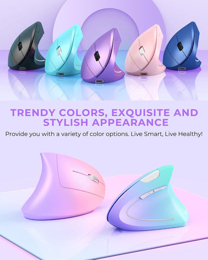 Lekvey Ergonomic Mouse, Vertical Wireless Mouse, Rechargeable 2.4G Optical Carpal Tunnel Mice with USB Receiver: 1000/1200 / 1600 DPI, 6 Buttons, for Laptop, Computer, PC, Desktop, Light Purple