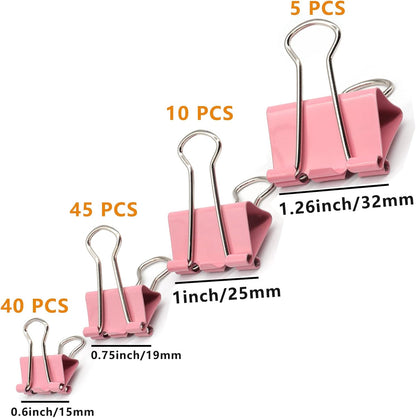 Binder Clip Paper Clamps, Assorted Sizes (Mini, Small, Medium, Large), 100 Pcs Clips for Office School Supplies (Pink)