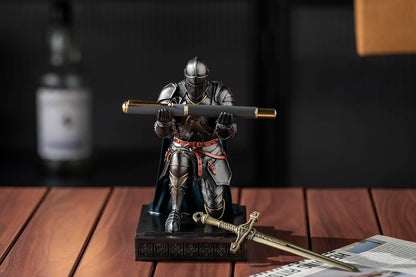 Medieval Armored Warrior Wearing Outerwear, Mobile Phone Stand Knight Pen Holder Desk Organizers, Resin Bookends Paperweight with a Letter Opener for Desk (Iron&Green)