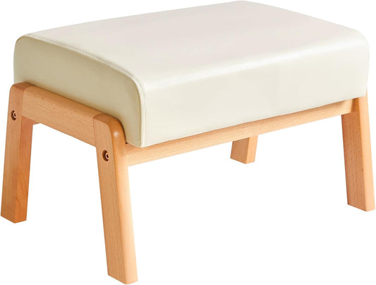 IBUYKE 10.2” H Small Foot Stool Ottoman, Rectangle PU Faux Leather Foot Rest with Padded Seat and Wood Legs, Modern Accent Ottoman Foot Rest for Living Room Bedroom Couch Office, White WBD013W