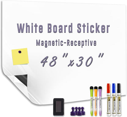 Magnetic Whiteboard Sticker Dry Erase Board for Wall - Adhesive Backing 48" x 30" Whiteboard for Classroom Office Home