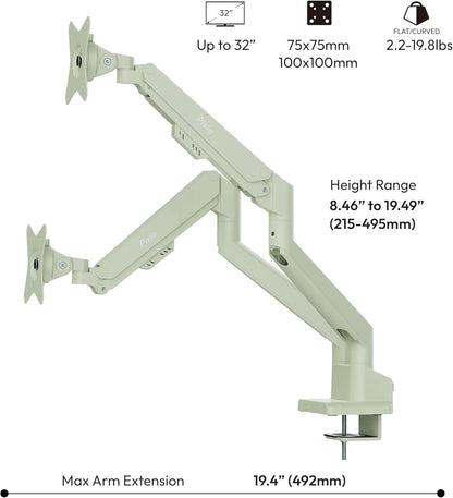 Pixio PS1D Wave Mint Dual Monitor Arm Stand Desk Mount - Fits up to 32 inches Monitors and up to 19.8lbs. VESA Compatibility and Integrated Cable Management