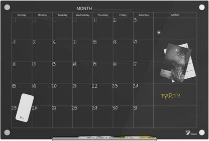 TOWON 47 x 35 Inch Glass Dry Erase Board Reminder, Magnetic Whiteboard Calendar Yearly, Monthly Planner Set for Office, Kitchen and School, Black