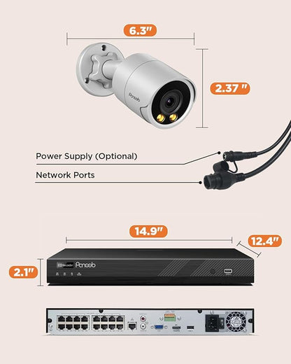 16 Channel Security Camera System PoE,4K 16CH NVR with 4TB HDD,12X 8MP Wired Outdoor Home Surveillance IP PoE Cameras,Built-in microphone,Human Vehicle Detection,Color Night Vision,PB38F1216-8M