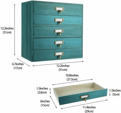 Small Wooden Drawers Rustic Desk Organizers and Accessories Wooden Storage Box with Drawers Desktop Storage Library Card Catalog Cabinet School Supply Storage Apothecary Cabinet(S-BLUE)