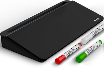 Chalkola Black Glass Desktop Whiteboard with Storage - Dry Erase Board, Work Desk Organizers, Computer Keyboard Stand, Home Office Desk Accessories, Workspace Desktop Buddy + 3 Markers