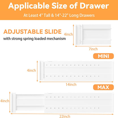 REBECAT 12 Pack Drawer Dividers for Clothes Adjustable 4" High Expandable from 15"-21" Drawer Dividers for Dresser Baby Clothes Bathroom,Bedroom Kitchen and Office Storage，White