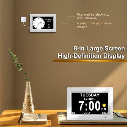 8inch Extra Large Impaired Vision Digital Alarm Clock with Day and Time for Elderly Calendar Clock Auto Dimmable Clock