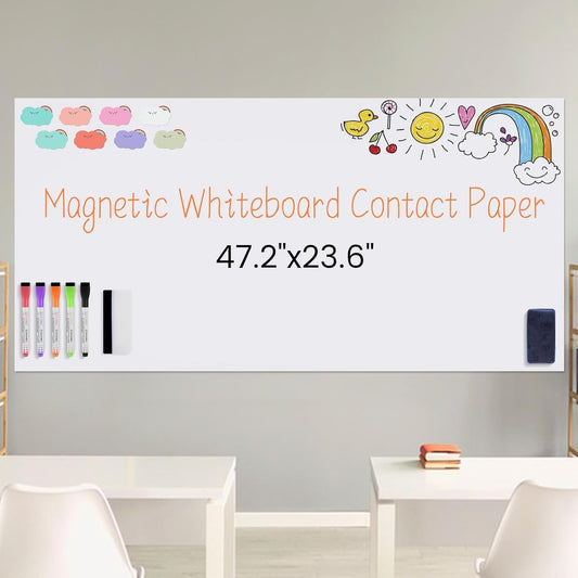 Set of Magnetic whiteboard Contact Paper, Measures 47.2 by 23.6 inches Large, Peel-and-Stick for fridges and Walls, Removable and with Magnetic Labels - Dry Erase White Board