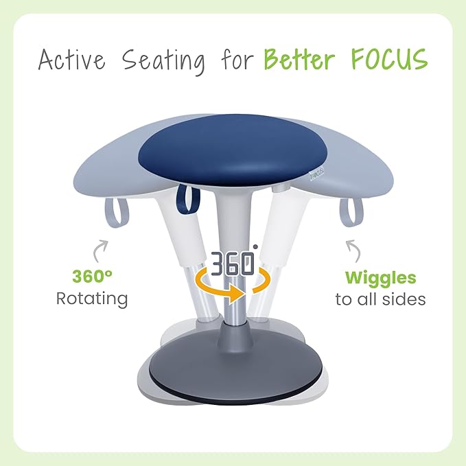 Kids Wobble Stool Ages 7–12; Adjustable Height Wobble Stool for Classroom Seating with Soft, Easy-to-Clean New Fabric Cushion; Flexible Wiggle Chair for Focus & ADHD + Bonus Visual Timer (Ocean Blue)