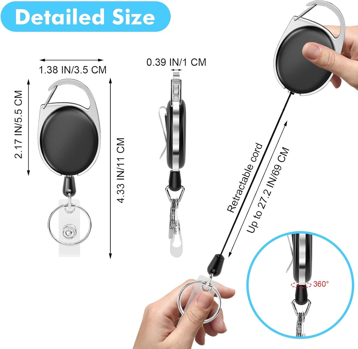 Retractable Badge Holder with Carabiner Reel Clip and Key Ring for ID Card Key Keychain Holders Black 30 Pieces