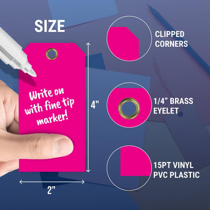 Tags 4 Less 15 Mil Waterproof Plastic Tags, Pack of 100 – 2” x 4” Heavy Duty Plastic Tags for Labeling, Outdoor Tagging, Equipment Labeling, Luggage, Valves & More (Fluorescent Pink)