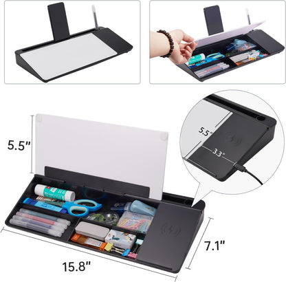 Small Glass Desktop Whiteboard Dry-Erase-Board - Computer Keyboard Stand with Wireless Charger White Board Surface Pad with Drawer, Desk Organizers with Accessories for Office, Home, School Supplies