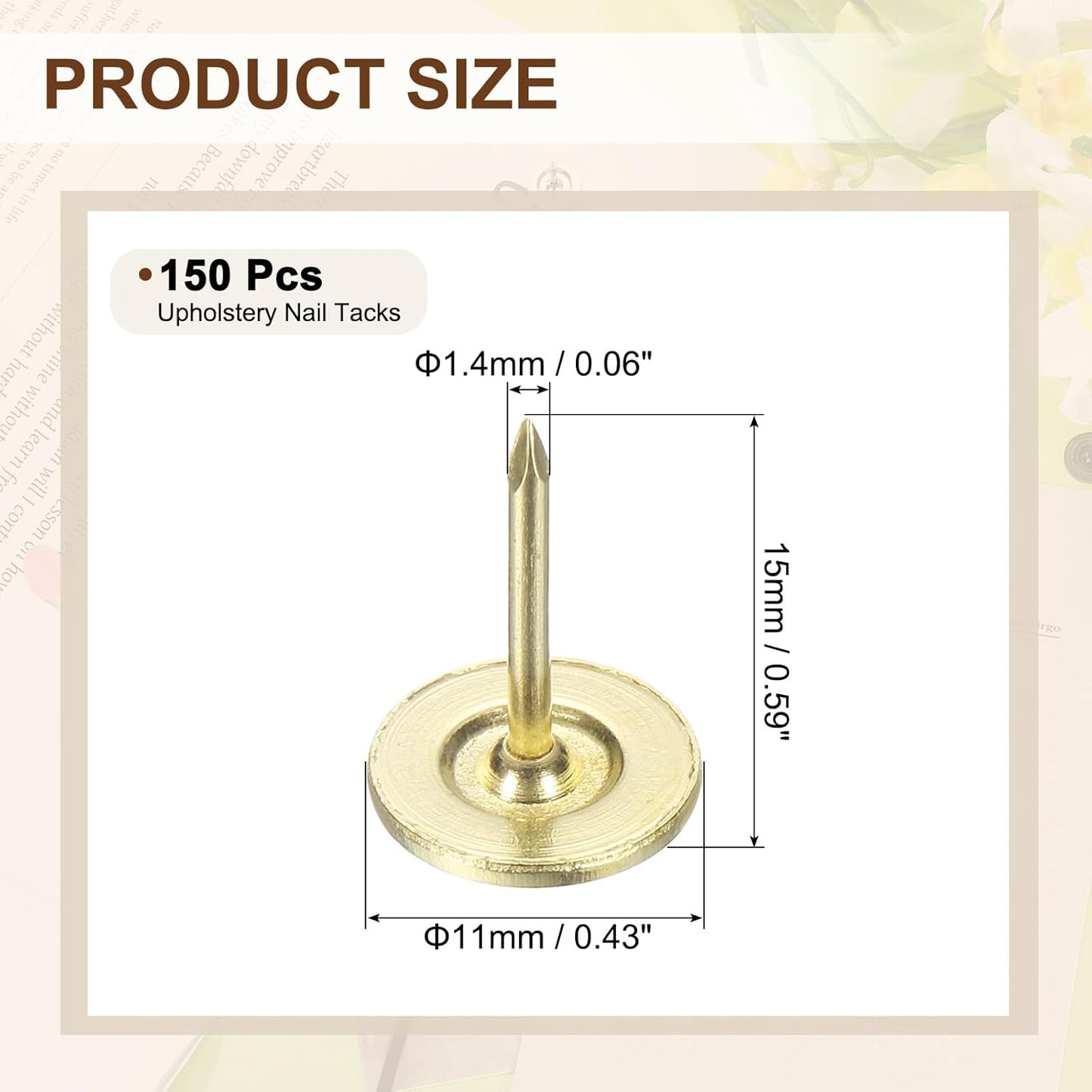 uxcell 150Pcs Upholstery Tacks, 11mmx15mm Flat Head Thumb Tack Decorative Furniture Nails Push Pins for Furniture Sofa Headboards, Gold