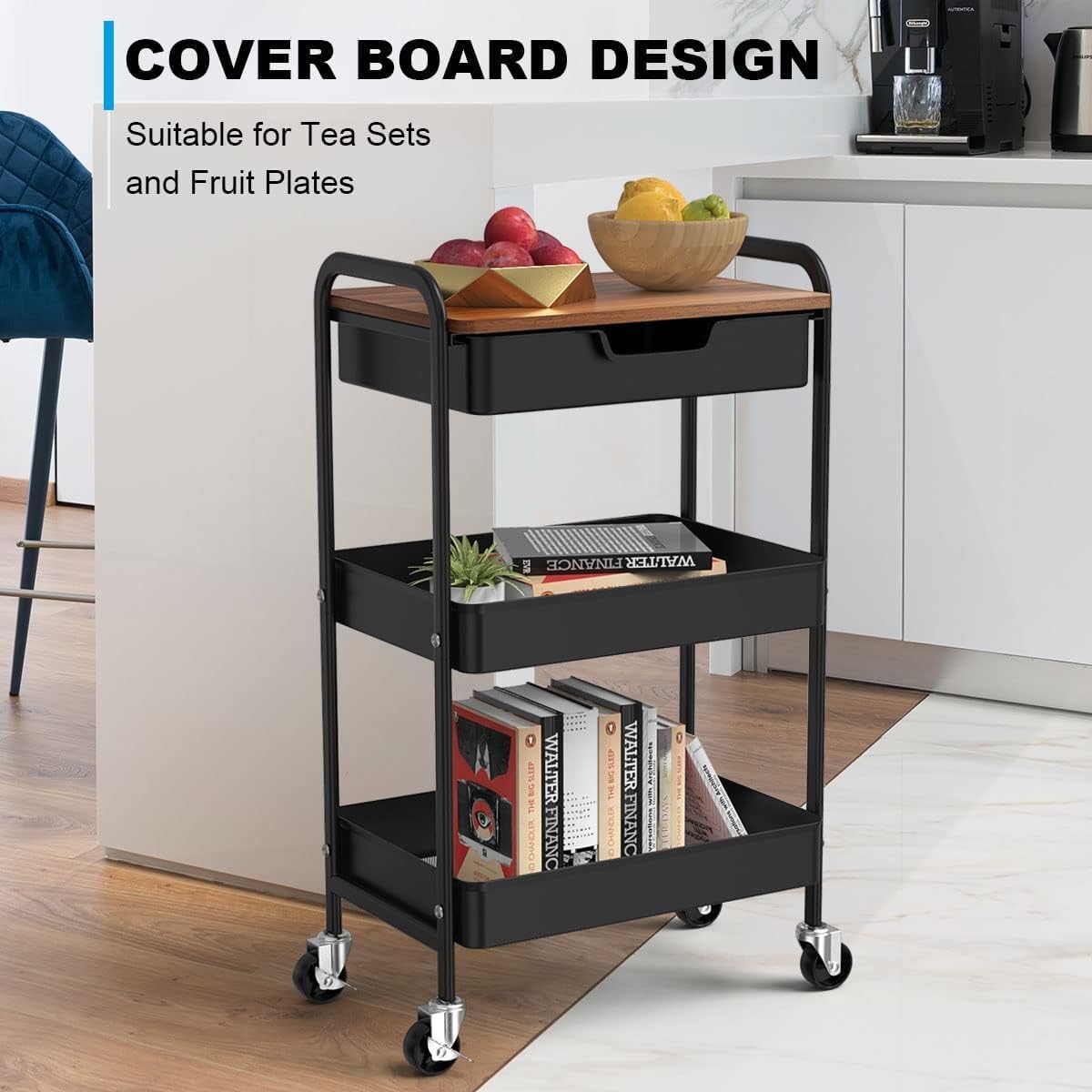 3 Tier Rolling Cart with Drawer, Metal Utility Cart on Wheels Storage Cart with Wood Top, Kitchen Cart Art Cart Organizer for Bathroom Office Balcony Living Room