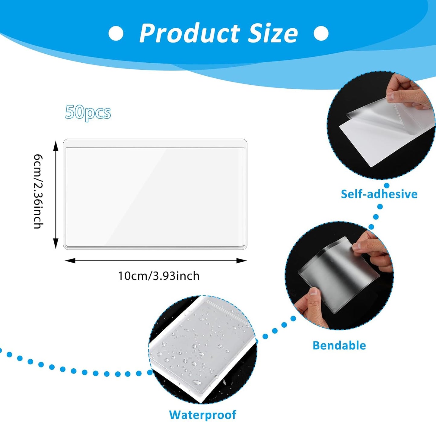50 Pack Clear Adhesive Pockets Self Adhesive Index Card Pockets with Top Open Plastic Label Holders for Storage Bins Waterproof Business Card Sleeve Label Pockets for Planners Index Cards(3.93x2.36In)