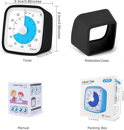 Yunbaoit Upgraded Black Visual Timer with Protective Case, Silent 60 Minute Countdown Timer for Kids and Adults with Low Power Reminder VT01(Black Blue)