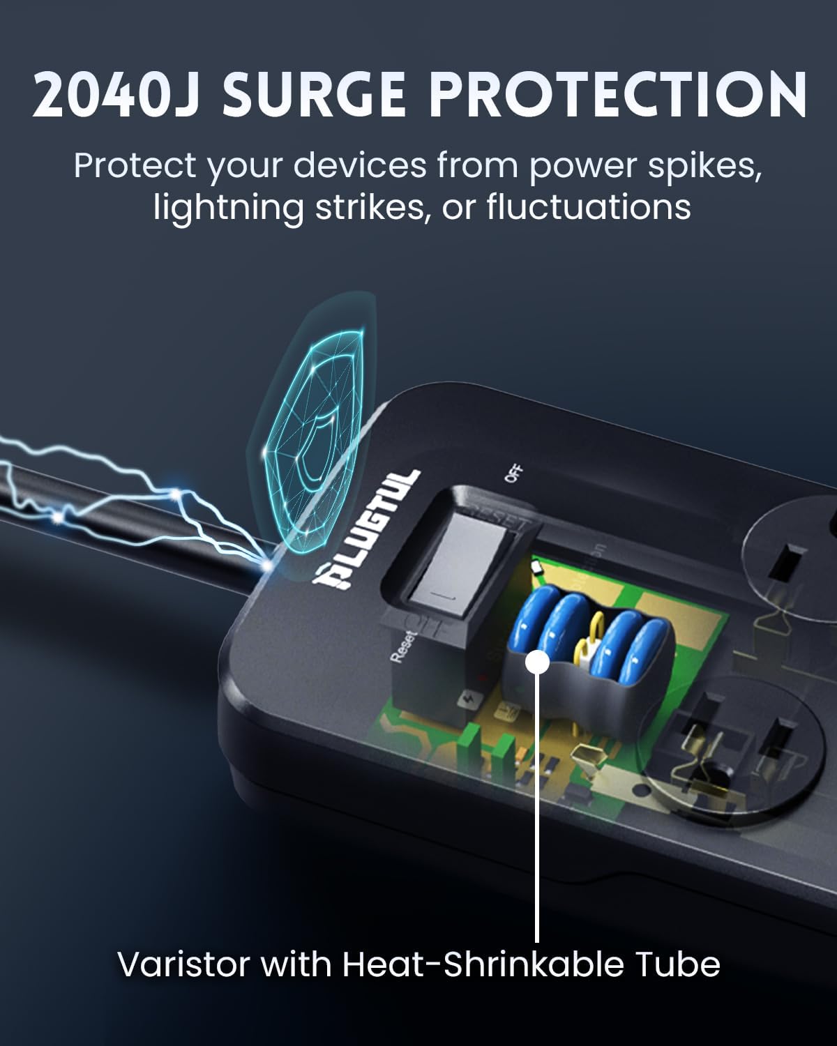 Surge Protector Power Strip 10FT, PLUGTUL Surge Protector with 10 Outlets - Spacious Design for Large Plugs, Flat Plug, 20W USB C Charging for Home, Office, ETL Listed，2040J