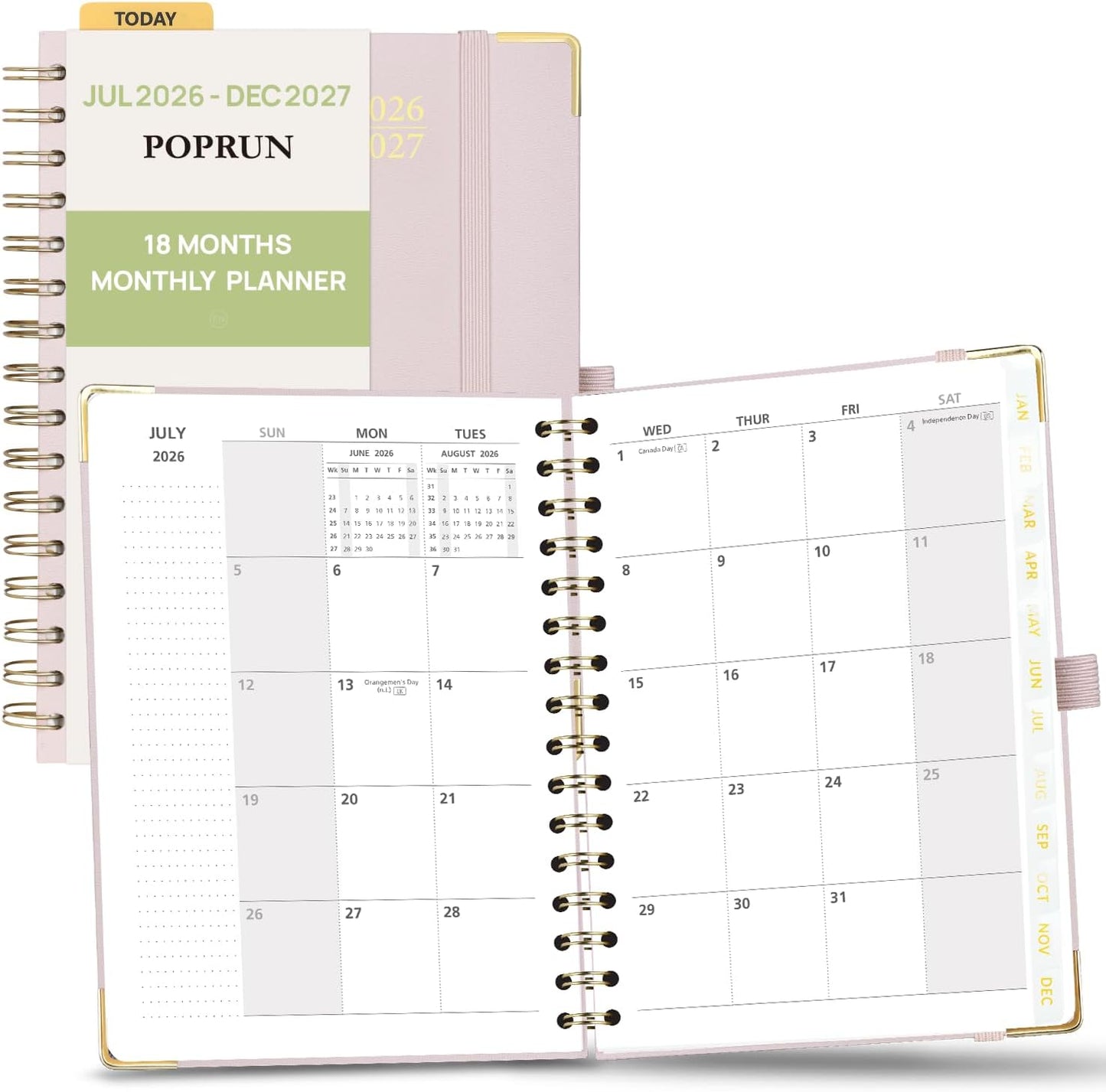POPRUN Monthly Planner 2026-2027 Spiral Hardcover (6.25'' x 8.5''), 18 Months Calendar (Jan.2026-Jun.2027) - 2 Pages per Month with Dotted Note Pages, Sunday Start, Laminated Tab - Light Pink
