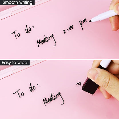 Varhomax Glass Desk Whiteboard Pink with Calculator, Desktop Dry Erase White Board with Storage, to Do List Memo Notepad for Home and Office