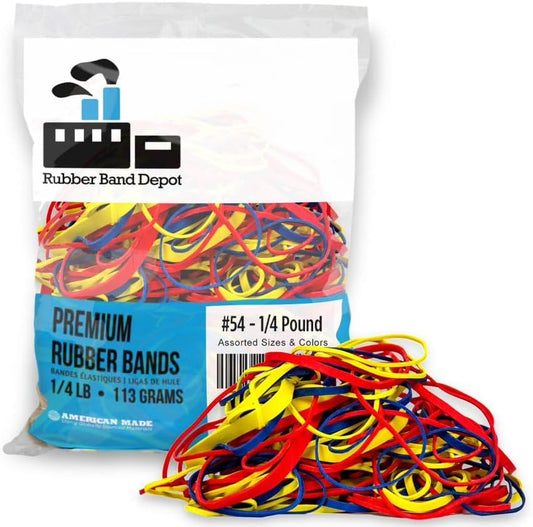 Rubber Band Depot, Size #54, ASSORTED COLORS & SIZES, Everyday Rubber Bands - 1/4 Pound Bag