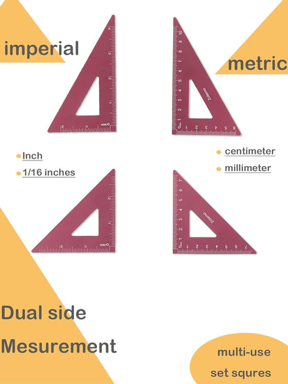 Metal Geometry Set, 5-Piece Aluminum Ruler, Math Drafting Ruler Kit Includes Protractor, Triangle Rulers, Straight Rulers-Math Measurement Tools for School and Office Supplies (Plum Red)