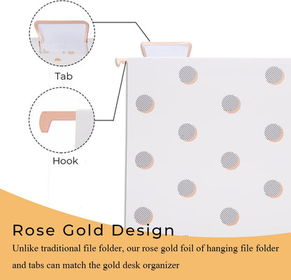 Y YOMA 1 Pack Rose Gold Desktop Hanging File Organizer | 12 Pack Rose Gold Hanging File Folders with Tabs & Insert | Letter Size Metal File Kit for Desk Home Office, I Shaped