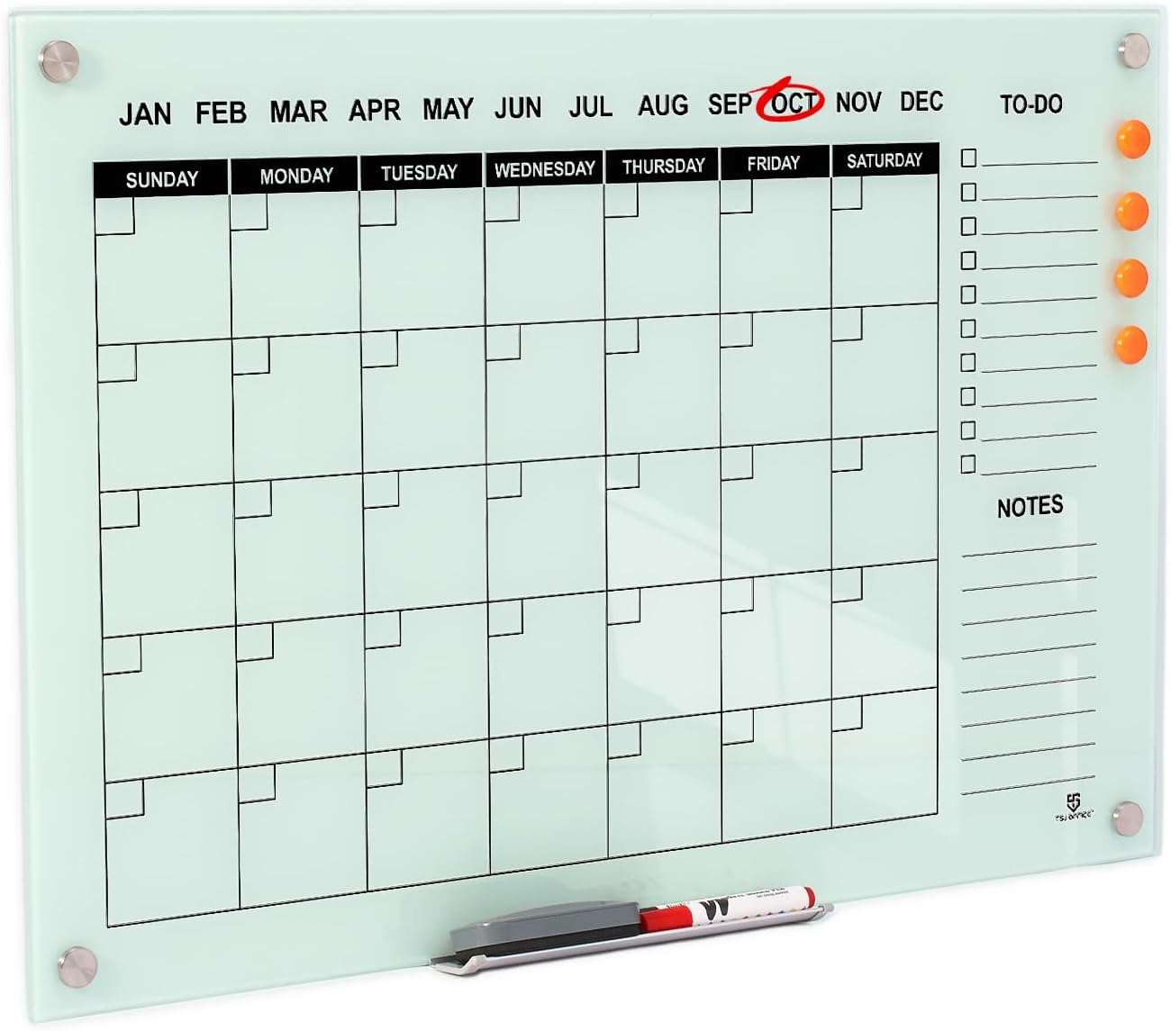 TSJ OFFICE Glass Calendar Whiteboard - 36 x 24 Inches Wall Mounted Monthly Dry Erase Calendar for Wall, Large Magnetic Glass White Board for Office, Home & School